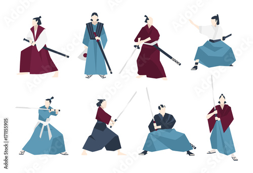 Collection of samurai standing in different postures and holding katana sword. Set of Japanese warriors dressed in traditional clothing. Flat cartoon characters. Colored vector illustration.