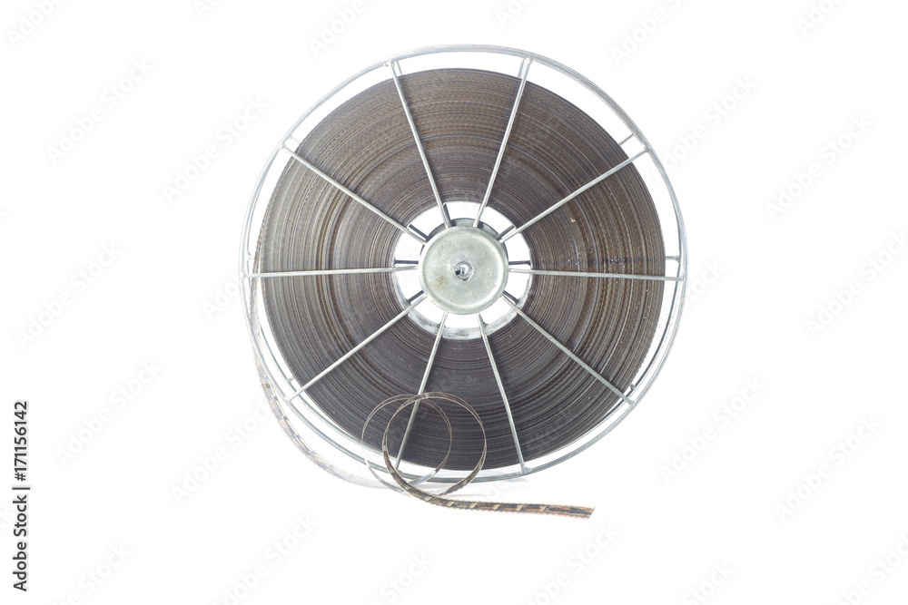 Old 35 mm motion picture film reel, isolated on white background Old 35 mm motion picture film reel, isolated on white background