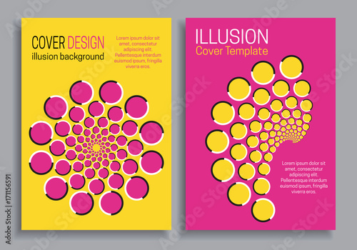 Yellow pink brochure cover templates with optical motion illusion design.
