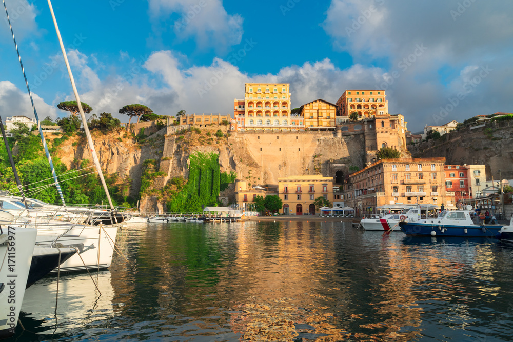 boats embankment and city of Sorrento, southern Italy