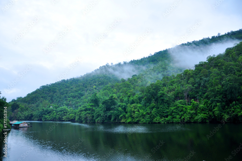 Camping area along side Khwae Yai River at Erawan waterfall - Kanchanaburi, Thailand