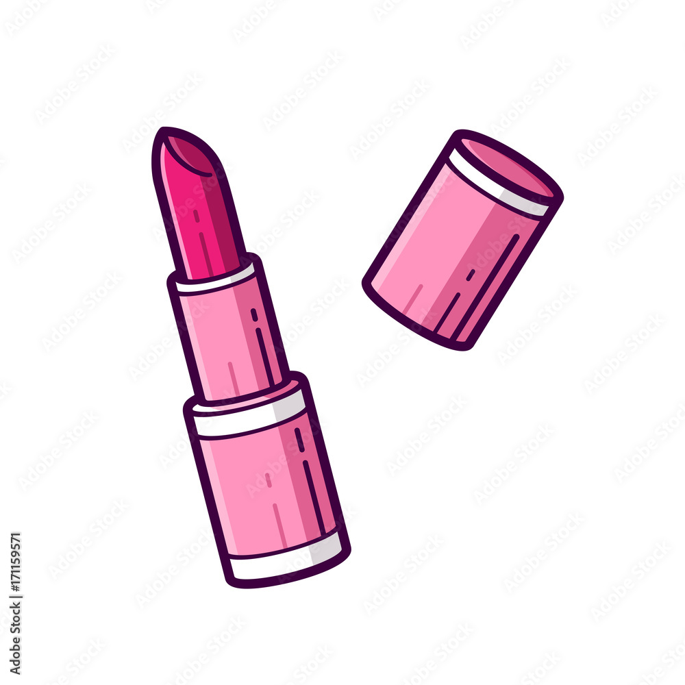Opened pink lipstick illustration isolated on white background. Fashion  cosmetic symbol in flat outline cartoon style. Modern makeup vector icon  Stock Vector | Adobe Stock