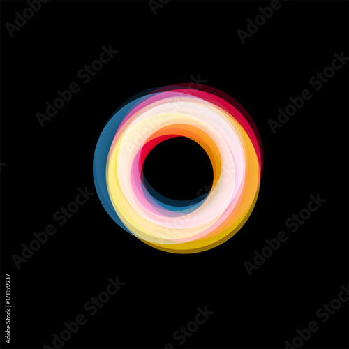 Isolated funnel abstract logo, linear unusual shape, circular line logotype. Luminous hoops, rings, wheel graphic illustration on the black background.