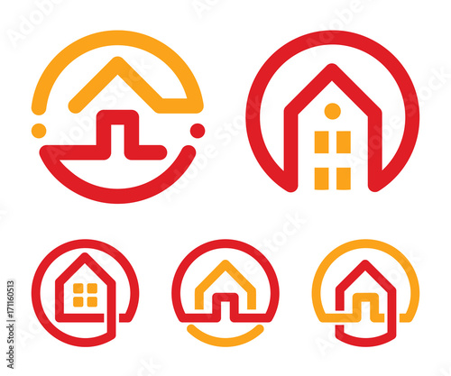 House abstract logos set. Red and yellow unusual linear real estate agency icons collection. Realtor logo. Home icon.