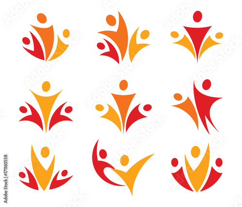 People union vector logo set. Abstract family icon. Parents logotype collection. Healthy lifestyle signs. Fitness body silhouette.