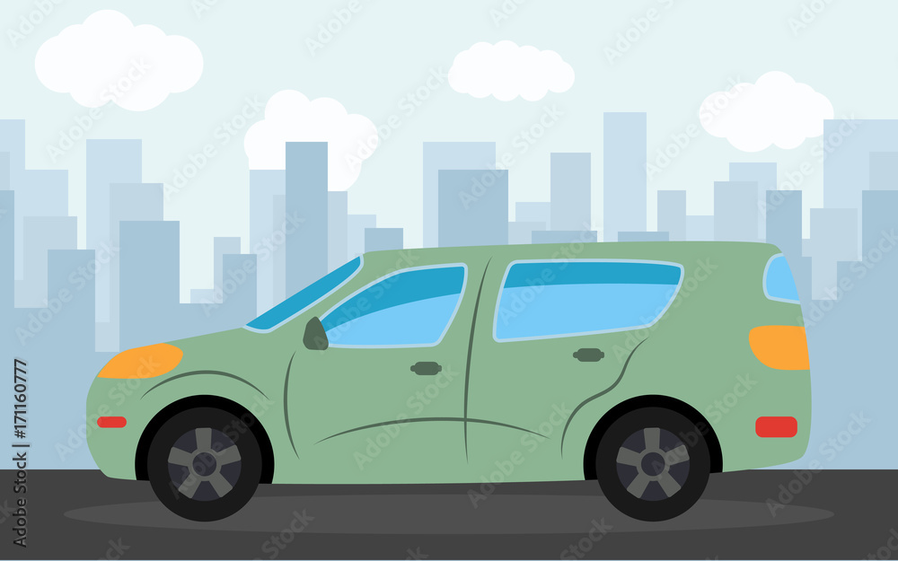 Green car in the background of skyscrapers in the afternoon.  Vector illustration.
