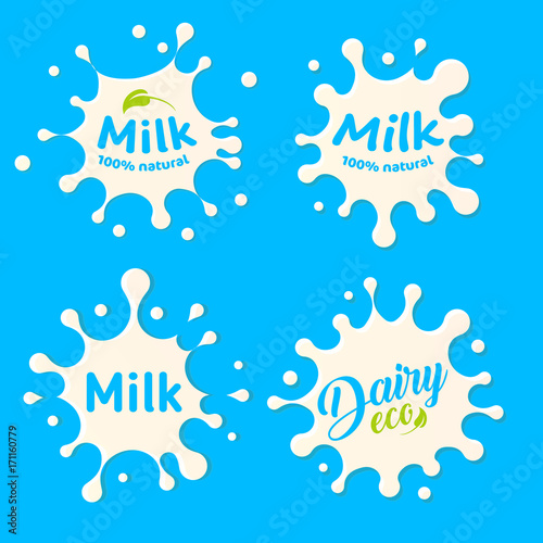 Milk splash blot on beige background signs collection. Vector illustration top view logos set. Milky fresh product logo element template. White abstract shapes on blue color.