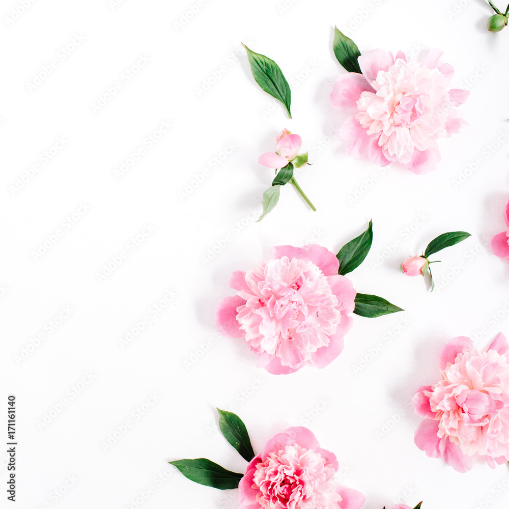 Flower pattern of pink peony flowers, branches, leaves and petals on white background. Flat lay, top view. Peony flower texture.