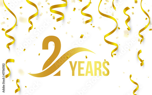 Isolated golden color number 2 with word years icon on white background with falling gold confetti and ribbons, second birthday anniversary greeting logo, card element, vector illustration