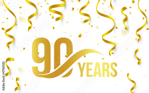 Isolated golden color number 90 with word years icon on white background with falling gold confetti and ribbons, 90th birthday anniversary greeting logo, card element, vector illustration