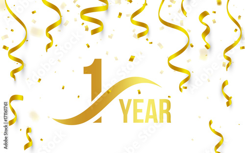 Isolated golden color number 1 with word years icon on white background with falling gold confetti and ribbons, first birthday anniversary greeting logo, card element, vector illustration