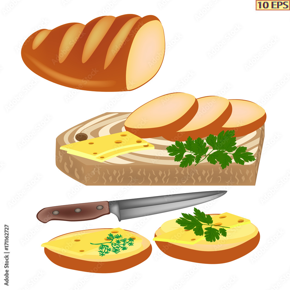 Loaf Of Bread Sliced For The Sandwiches Bread With Cheese Sandwich With Butter Cheese And Herbs Lettuce Parsley Onion Vector Illustration Isolated On White Background Stock Vector Adobe Stock Loaf Of Bread Sliced For The Sandwiches Bread With Cheese Sandwich With Butter Cheese And Herbs Lettuce Parsley Onion Vector Illustration Isolated On White Background Stock Vector Adobe Stock