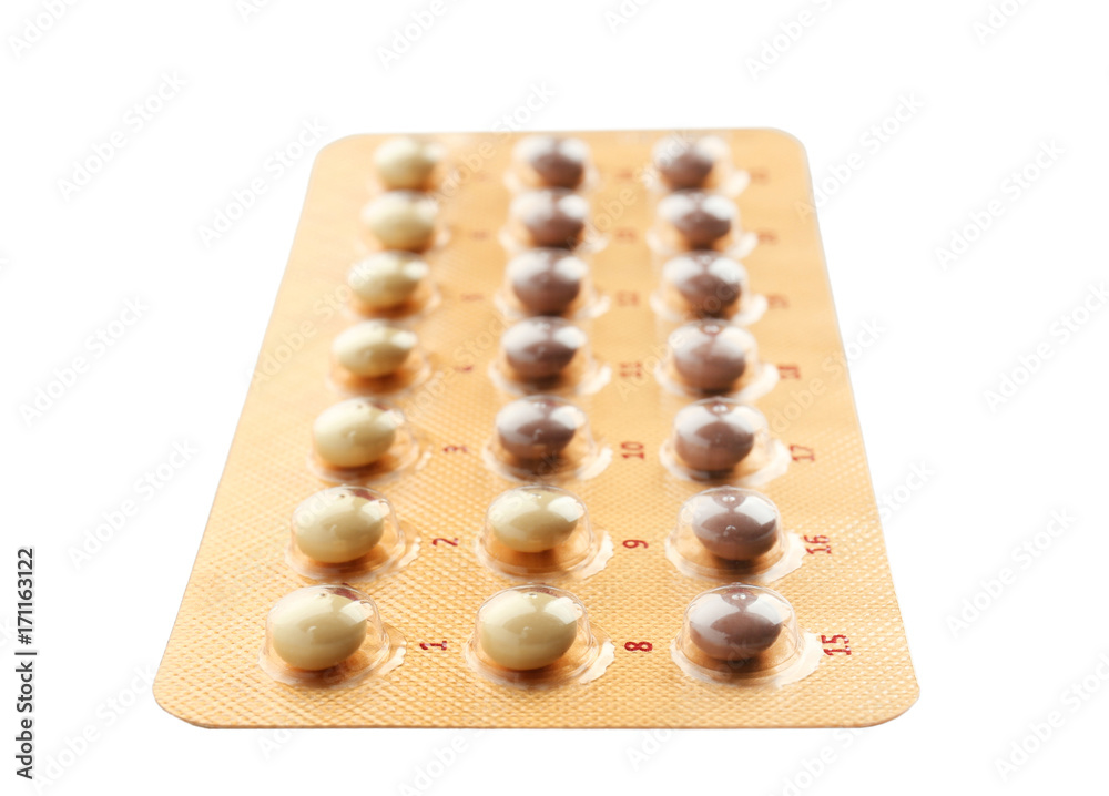Birth control pills on white background. Oral contraception concept Birth control pills on white background. Oral contraception concept