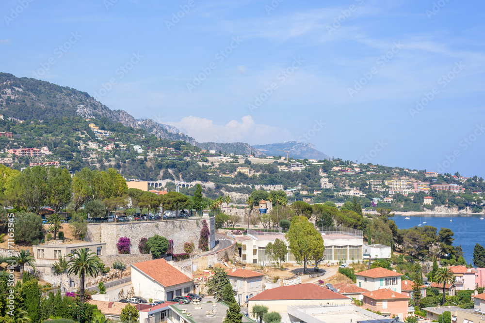 Beautiful daylight view to Villefranche-sur-Mer city resort in France.
