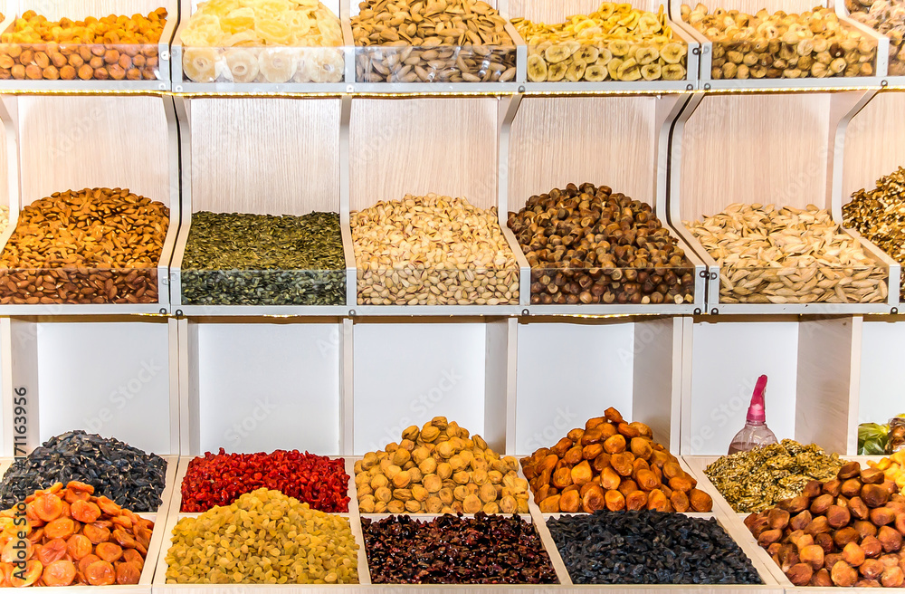 Shelves of dried fruits in the store