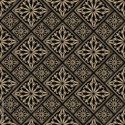 Seamless pattern oriental ornament. Black and golden textile print. Islamic vector design. Floral tiles.