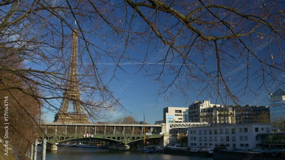 sunny day paris eiffel tower cityscape bridge panorama 4k france
