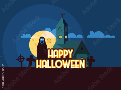 Flat Style Vector Illustration of Happy Halloween Background. 