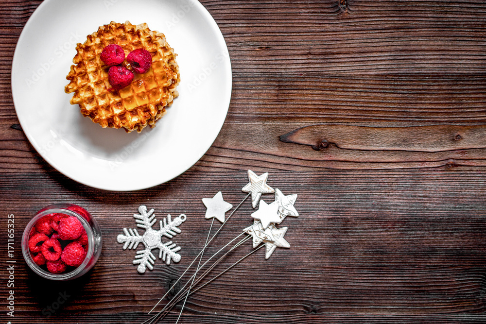 Christmas breakfast with waffles top view Christmas breakfast with waffles top view