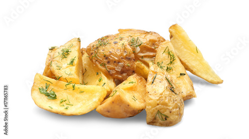 Delicious baked potato wedges on white background