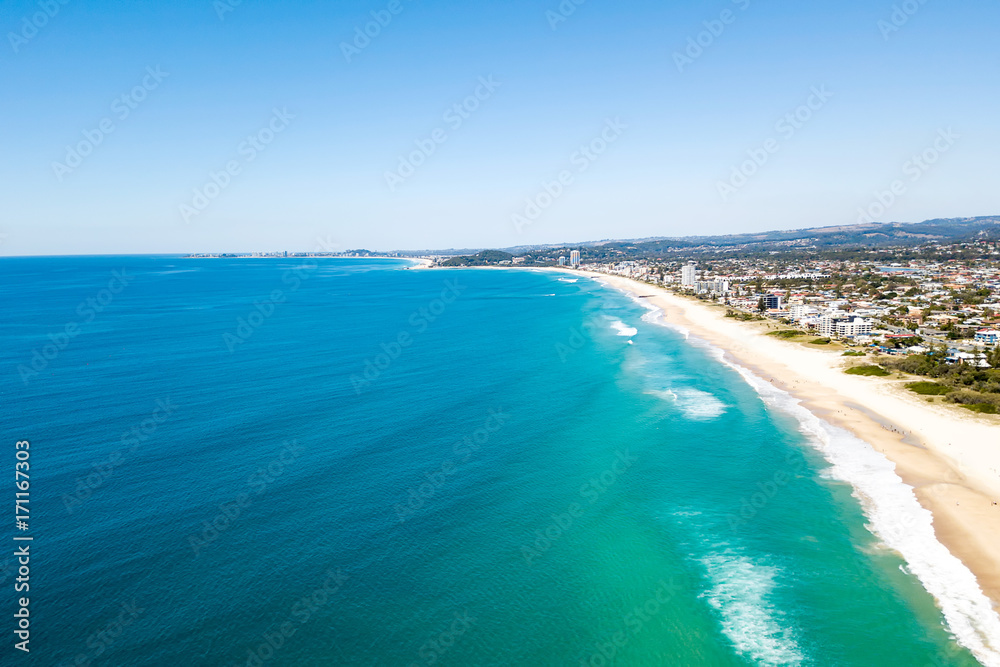 An aerial view of Burleigh Heads on the Gold Coast  a clear day with blue water
