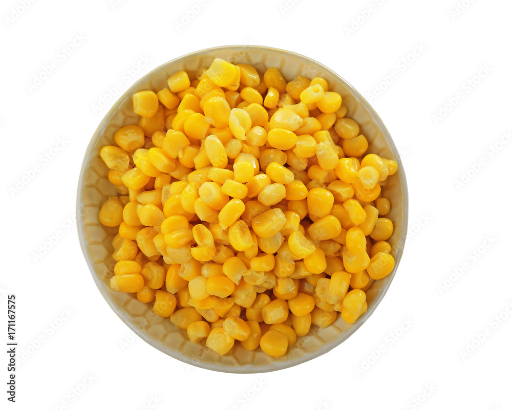 Bowl with canned corn kernels on white background Bowl with canned corn kernels on white background