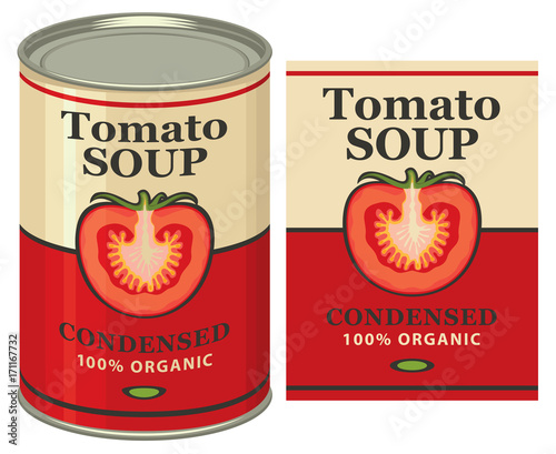 Vector illustrations set of tin cans with the label and labels for the condensed tomato soup with the image of a cut tomato