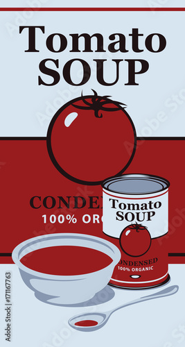 Vector banner with tin can with the label for the condensed tomato soup and bowl and spoon with tomato soup