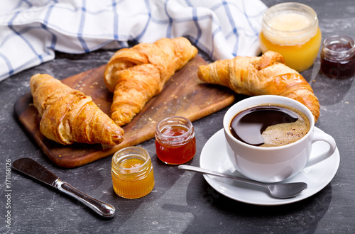 cup of coffee and croissants with fruit jam