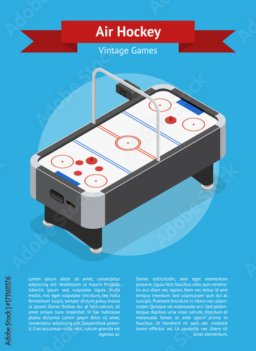 Table Air Hockey Game Banner Card Isometric View. Vector