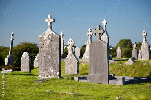 Ancient irish christian cemetery, tombstones together