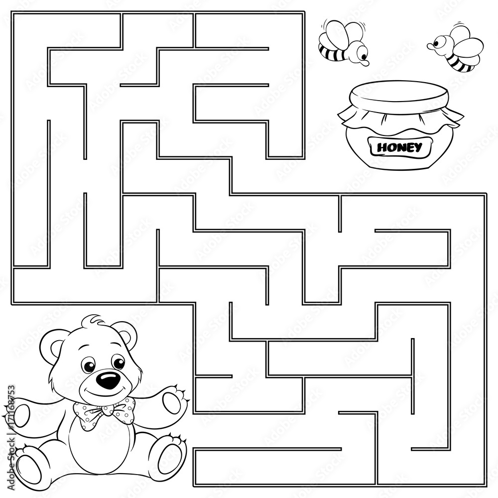 Obraz premium Help bear find path to honey. Labyrinth. Maze game for kids. Black and white vector illustration for coloring book