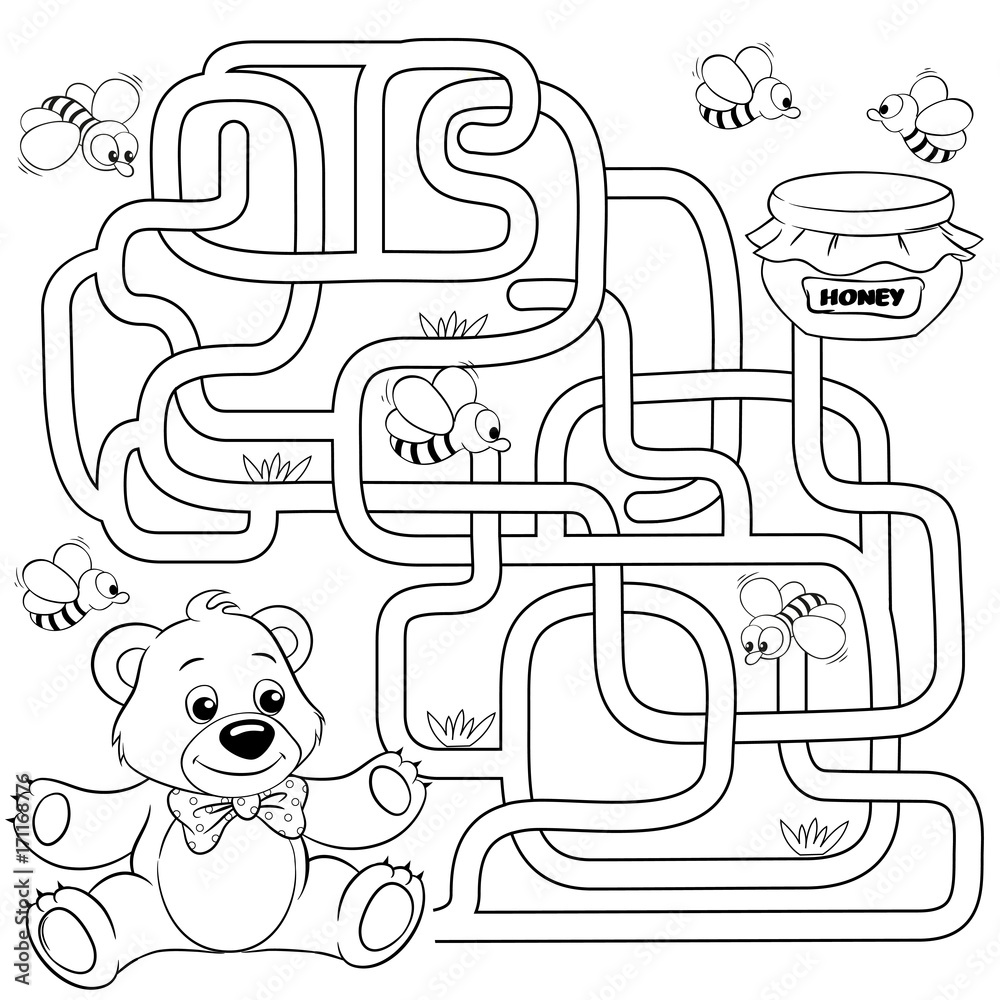 Obraz premium Help bear find path to honey. Labyrinth. Maze game for kids. Black and white vector illustration for coloring book