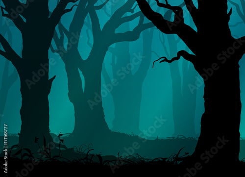  background with silhouettes of old trees. Mysterious forest. Vector illustration