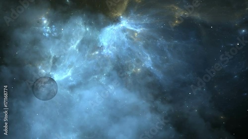 Flying through nebula and star fields in deep space. Exoplanets or Extrasolar planets on background nebula