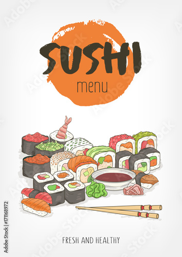 Beautiful template for restaurant menu of Japanese or Asian cuisine with hand lettering and colorful sushi, rolls, sashimi, wasabi, soy sauce, chopsticks on white background