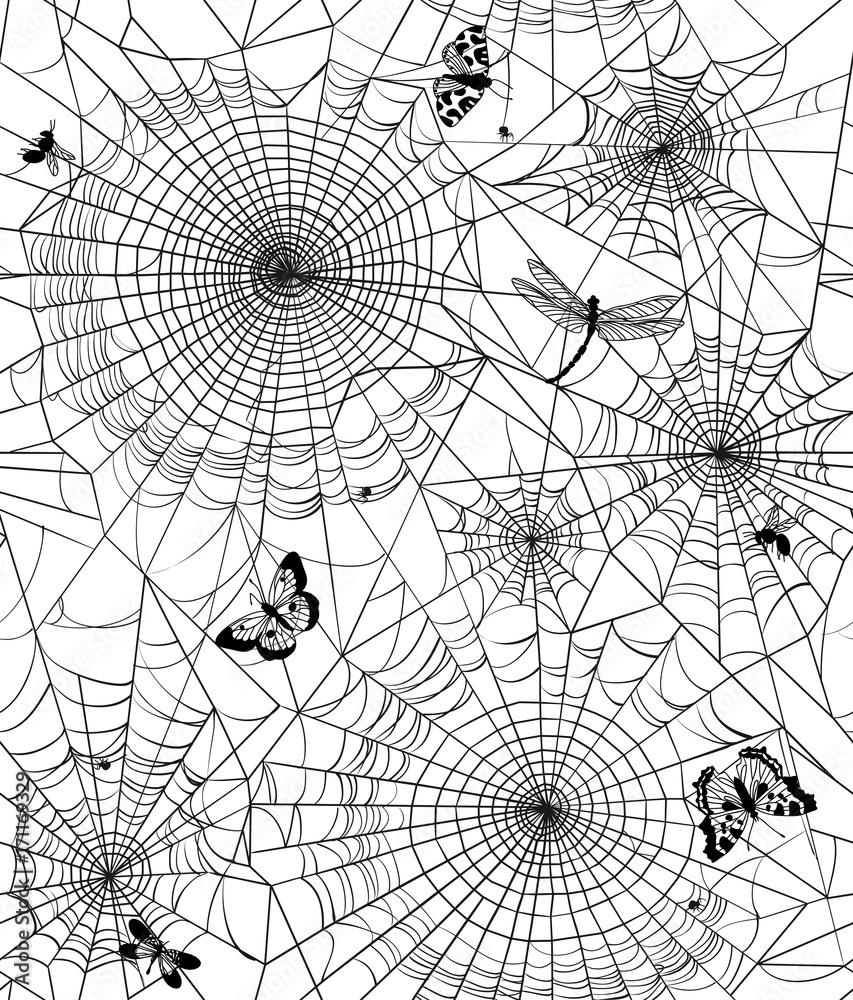 Seamless texture with a cobweb and insects. White background, vector illustration
