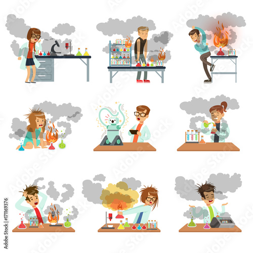 Kid chemists characters looking dirty after failed chemical experiments set of vector Illustrations