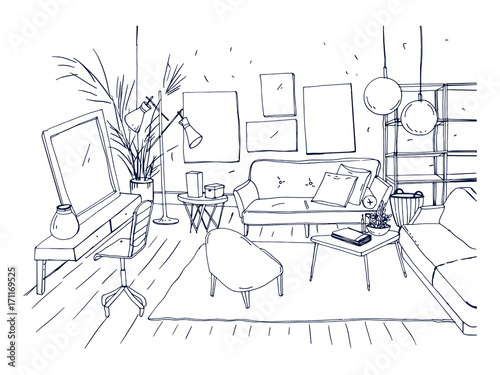 Monochrome drawing of interior of living room with sofa, chairs, coffee table and other modern furnishings. Hand drawn sketch of apartment furnished in Scandinavian or loft style. Vector illustration.