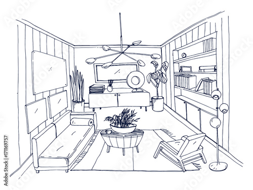 Sketch of stylish living room full of furnishings hand drawn with contour lines. Monochrome drawing of apartment furnished in Scandinavian style. Modern home interior design. Vector illustration.