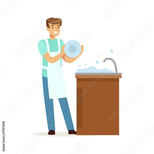 Young smiling man washing dishes in the kitchen, house husband working at home vector Illustration