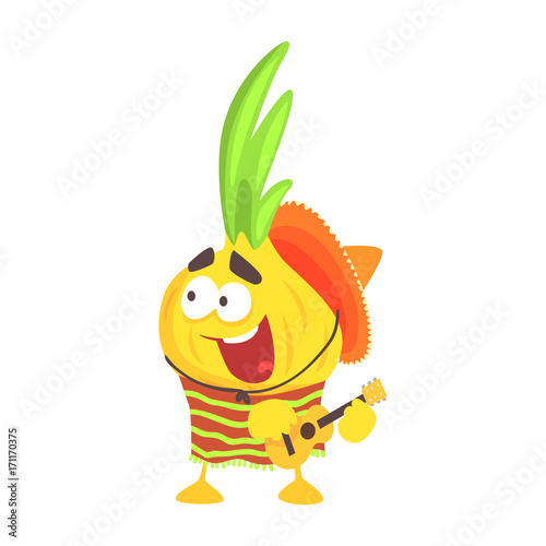 Fototapeta Naklejka Na Ścianę i Meble -  Funny cartoon onion character in traditional mexican clothes playing guitar, traditional humanized food vector Illustration