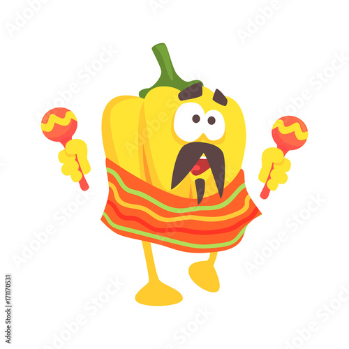 Funny cartoon yellow pepper character wearing poncho shaking maracas, mexican traditional humanized food in traditional clothes playing music vector Illustration