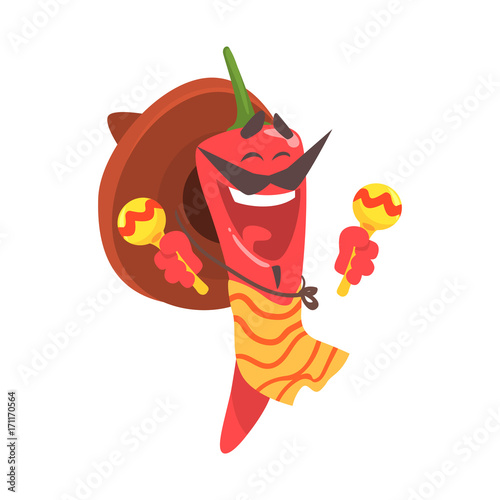 Funny cartoon red pepper character wearing sombrero and poncho shaking maracas, mexican traditional humanized food in traditional clothes playing music vector Illustration