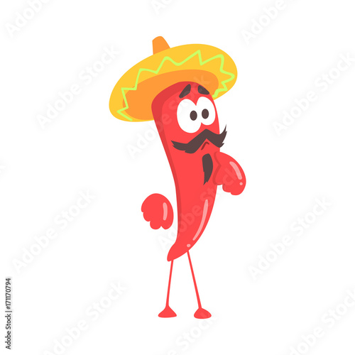 Funny cartoon surprised red pepper character wearing sombrero hat, mexican traditional humanized food in traditional clothes vector Illustration