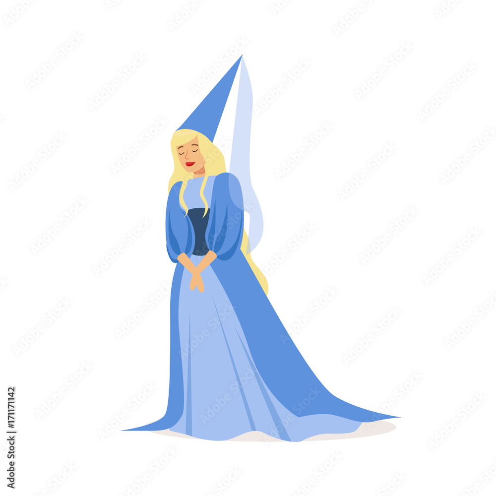 Beautifull princess in a blue ball dress and pointed hat, fairytale or European medieval character colorful vector Illustration