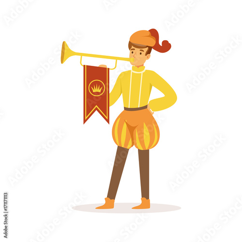 Herald playing a trumpet, European medieval character in traditional costume colorful vector Illustration