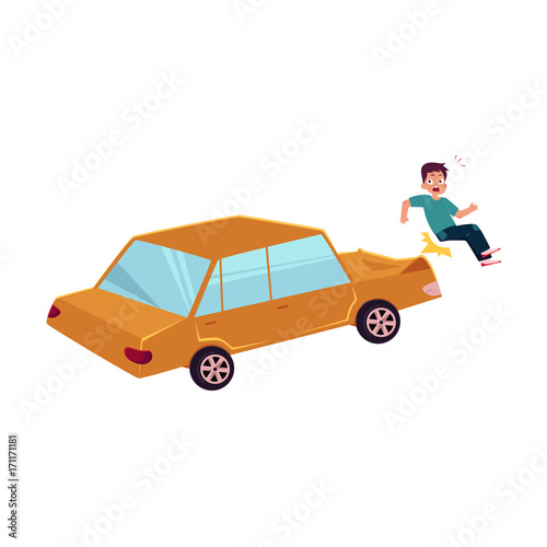 vector flat cartoon pedestrian accident, young man was hit by yellow car, hood dented and human damaged. Isolated illustration on a white backgound. Road safety concept