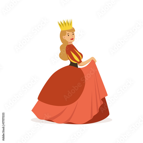 Beautiful majestic queen or princess in red dress and gold crown, fairytale or European medieval character colorful vector Illustration