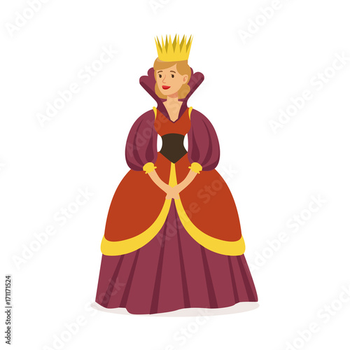 Majestic queen in purple dress and gold crown, fairytale or European medieval character colorful vector Illustration photo